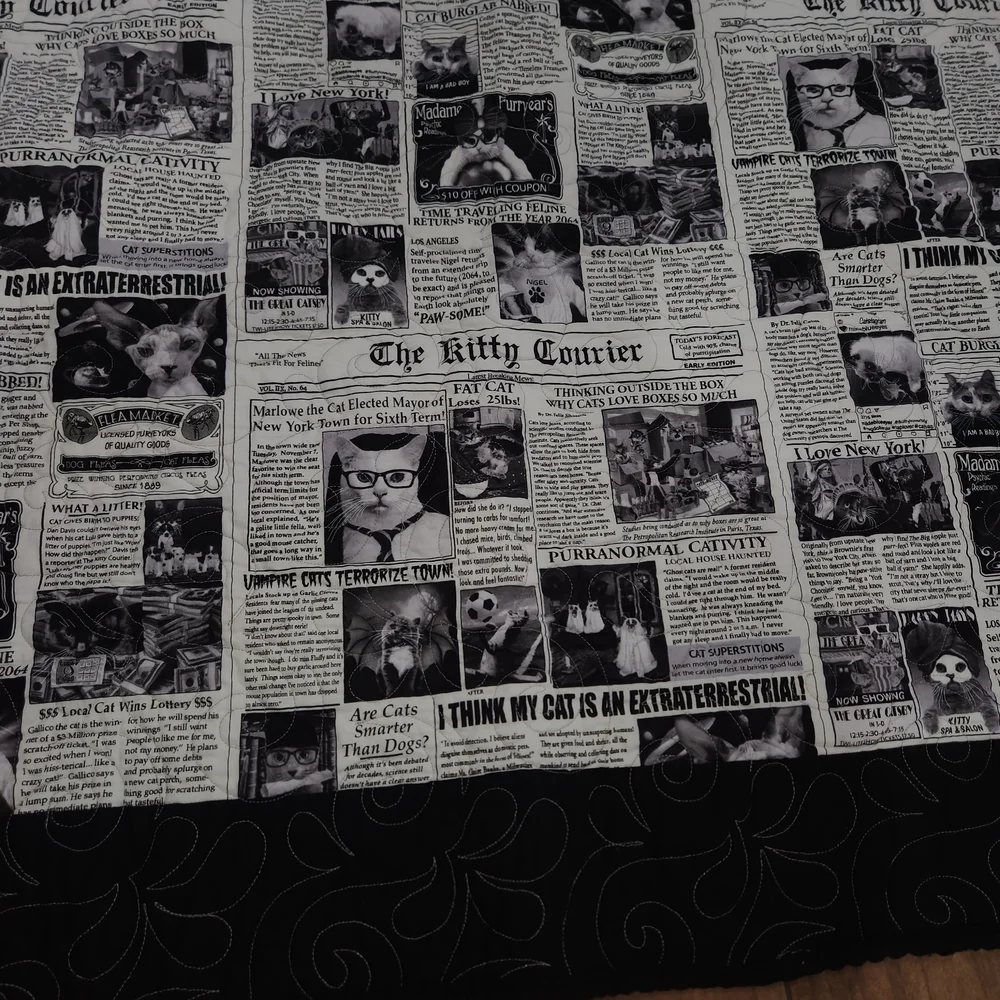 Handmade cat lady cat Black and White Newsprint Quilt 59